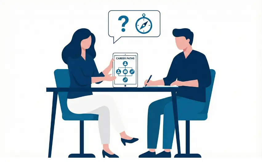 Image of Person receiving career coaching, getting questions answered.